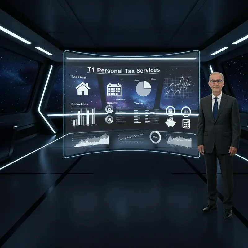 Jan Svarc of JFS Bookkeeping presenting a futuristic hologram that details T1 Personal Tax Services, including deductions and tax charts.