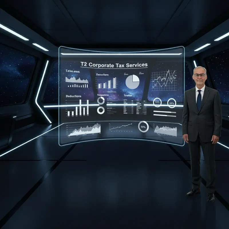 Jan Svarc of JFS Bookkeeping presenting a futuristic hologram that details T2 Corporate Tax Services, showing various financial charts and deduction data.